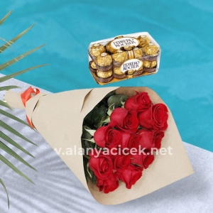  Manavgat Çiçek Siparişi - 11 Kırmızı Gül ve Ferroli Rocher